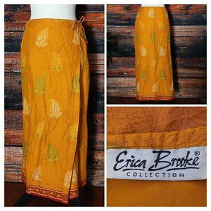 Erica Brooke Vintage Midi Wrap Skirt XS Bohemian Gold Leaf 100% Cotton